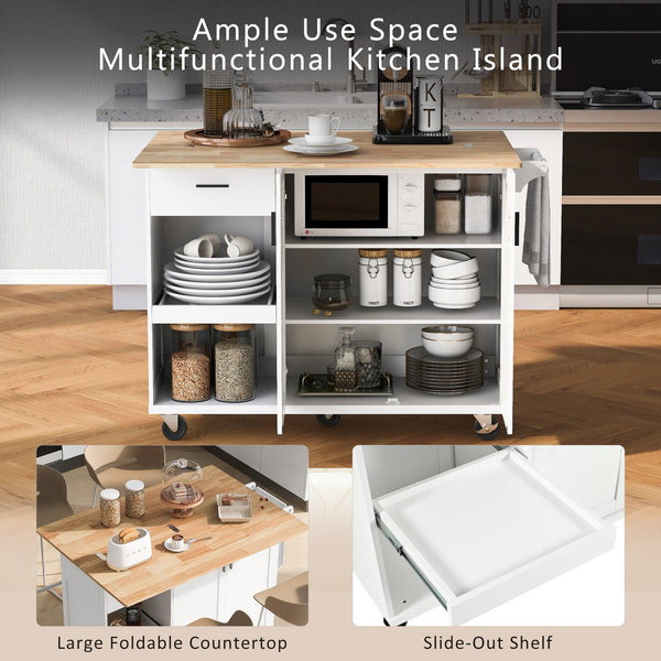 English Elm K&K Kitchen Island with Foldable Countertop, Spacious Mobile Storage Cart, Soft-Close Doors, Durable Rubberwood Top and Locking Wheels White N707P173036W