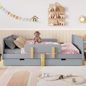 English Elm Twin Low Profile Kids Floor Bed Pine Wood Frame with Safety Rail and Built in Bookshelf Gray W1580P373246