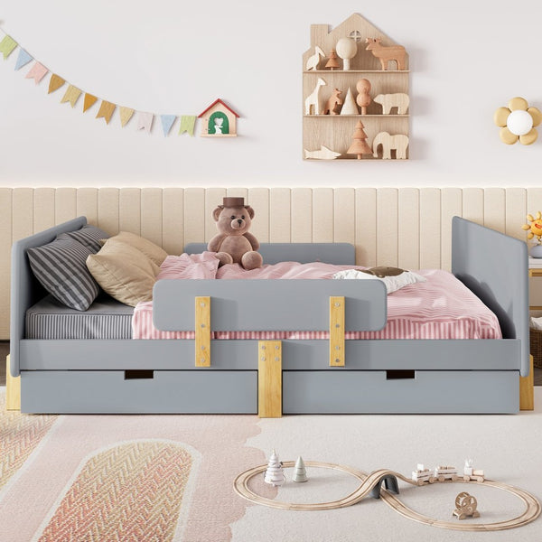 English Elm Twin Low Profile Kids Floor Bed Pine Wood Frame with Safety Rail and Built in Bookshelf Gray W1580P373246
