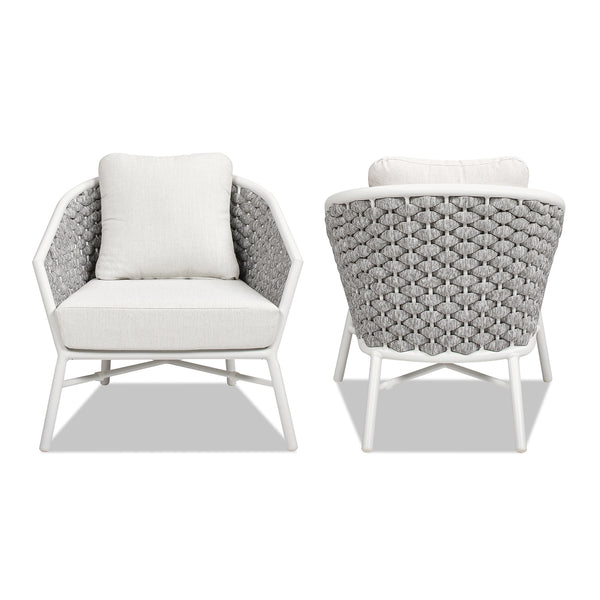 English Elm Jennifer Taylor Home - Rowan Optic White Rope Barrel Back Patio Arm Chairs Set of 2 — Aluminum Frame, Removable Cushions, Weather-Resistant Acrylic B2719P245980