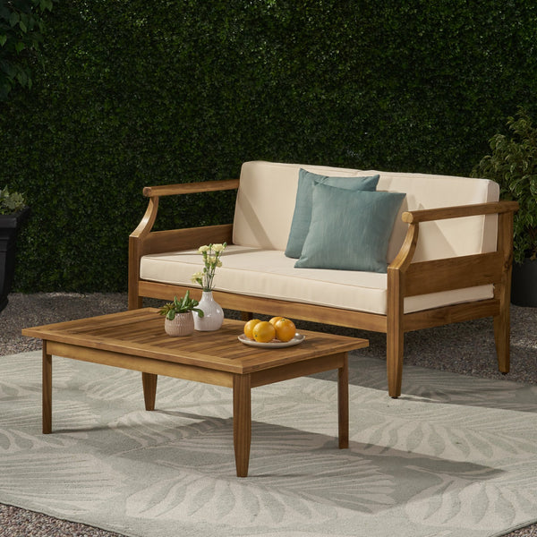 English Elm Christopher Knight Home® - Aston Acacia Wood Outdoor Loveseat Set with Water-Resistant Cushions and Mid-Century Modern Frame Cream 68891.00CRM