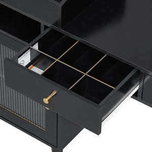English Elm Modern Makeup Vanity Desk with Reeded Glass Door, 4-Compartment Cubby, Charging Port & Stool Comfortable Craftsmanship for Compact Spaces Black N844P285187B
