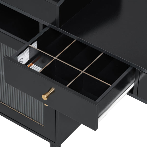 English Elm Modern Makeup Vanity Desk with Reeded Glass Door, 4-Compartment Cubby, Charging Port & Stool Comfortable Craftsmanship for Compact Spaces Black N844P285187B