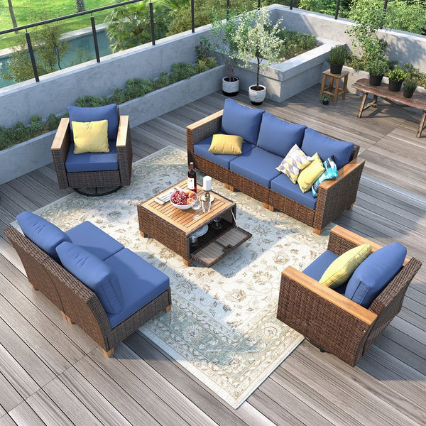 English Elm K&K 8-Piece Wicker Patio Set with 360° Swivel Rockers, Acacia Storage Table, Durable Cushions Blue+Brown N707S000016E