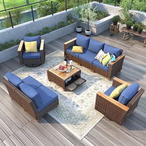 English Elm K&k 8 Piece Outdoor Wicker Sectional Set with Swivel Rockers and Acacia Storage Table Blue+Brown N707S005016E