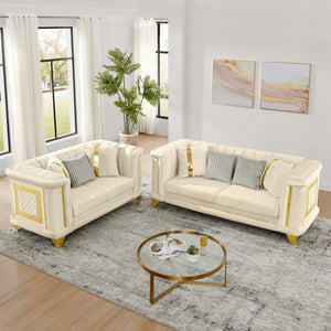 English Elm 2pcs Italian Velvet Tufted Sofa Set with Gold Steel Trim Victorian Glam Living Room W1191S00111