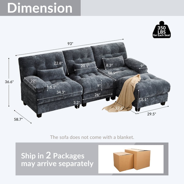 English Elm Ottoman and Chenille Sofa Set with Adjustable Backrest for Relaxed Living Room Comfort Blue W2606P359226