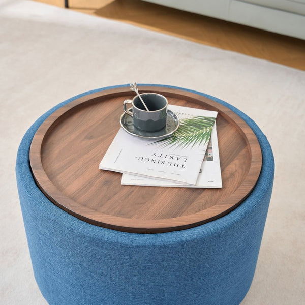 English Elm Ball Cast Round Nesting Ottoman Set Linen Upholstered Hidden Storage with Wooden Tray Blue W3163P379374