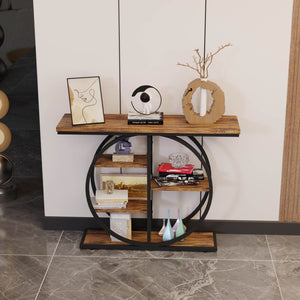 English Elm 41.3 Inch Five Tier Industrial Console Table Rustic Wood Shelves Round Metal Frame W3101P460015