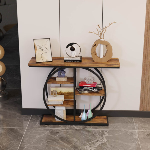 English Elm 41.3 Inch Five Tier Industrial Console Table Rustic Wood Shelves Round Metal Frame W3101P460015