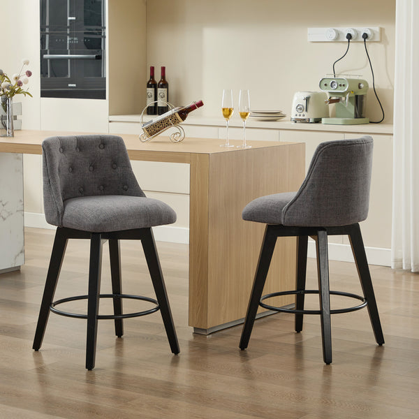 English Elm 007-360° Swivel Bar Stools Set of 2 25" Counter Height Linen Tufted Back Solid Wood Frame Durable Upholstery Dark Gray W2636P242117