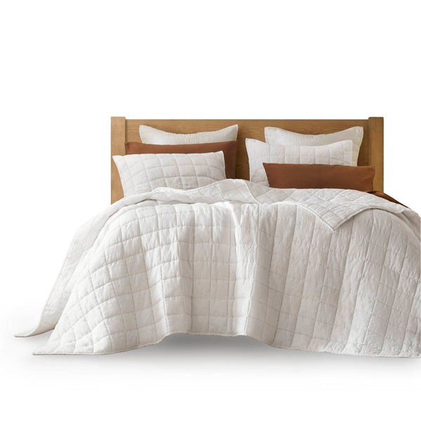 English Elm 3-piece French Linen Quilt Set Garment Washed Breathable Box Stitched Bedding White B035P408295