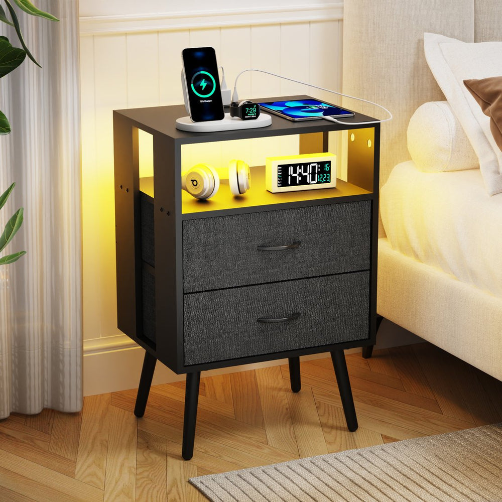 English Elm 2 Pack Modern Nightstand With Charging Station & Led Light - Stylish Bedside Tables With Fabric Drawers W1550P272496