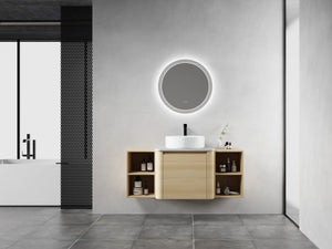 English Elm 48'' Wall-Mounted Bathroom Vanity With Elegant Ceramic Sink, Soft-Close Door & Open Storage Shelves W999S00469