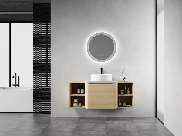 English Elm 48'' Wall-Mounted Bathroom Vanity With Elegant Ceramic Sink, Soft-Close Door & Open Storage Shelves W999S00469