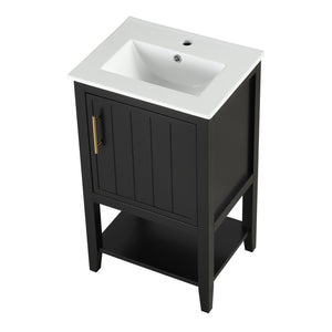 English Elm 20" Matte Freestanding Bathroom Vanity Rubberwood Cabinet Ceramic Sink Open Shelf Black N725P391115B
