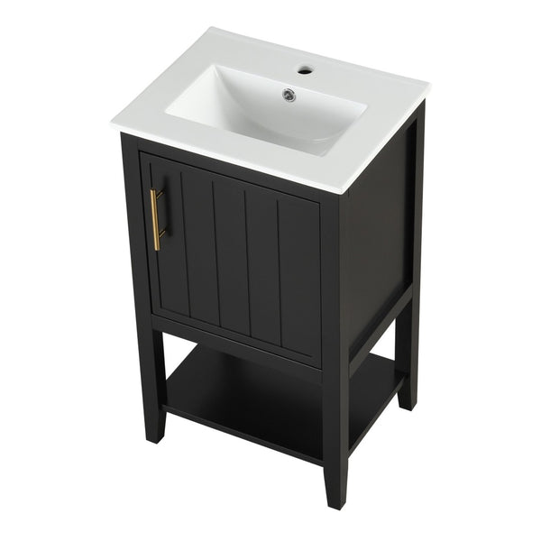 English Elm 20" Matte Freestanding Bathroom Vanity Rubberwood Cabinet Ceramic Sink Open Shelf Black N725P391115B