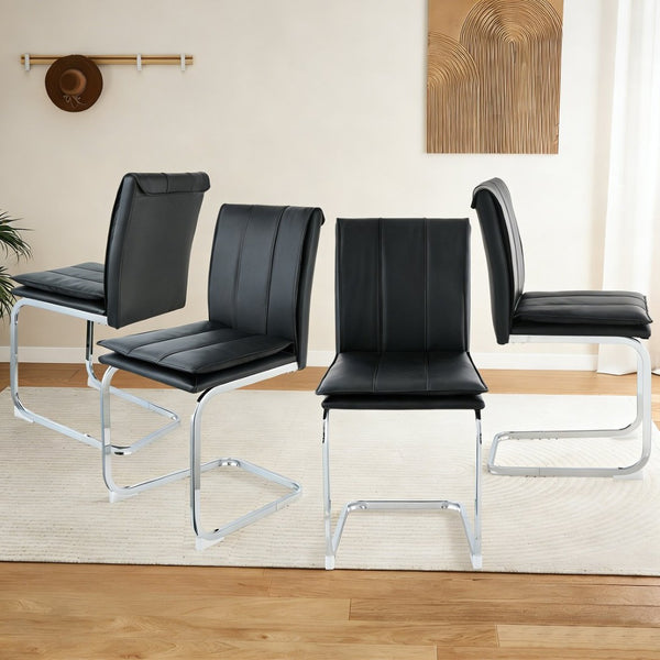 English Elm Modern Pu Leather Cantilever Dining Chairs Set of 4 with Steel Arc Frame for Kitchen Black And Silver W5123P454214
