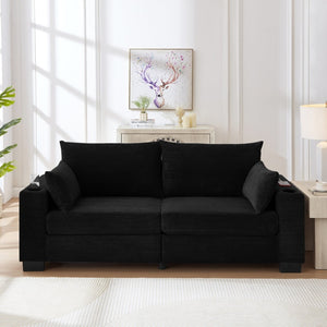English Elm 78"corduroy Plush Three Seat Sofa with Usb Ports Cup Holders Deep Cushions Apartment Black W3705P455916