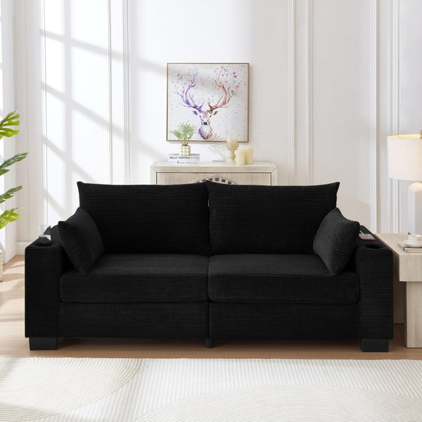 English Elm 78"corduroy Plush Three Seat Sofa with Usb Ports Cup Holders Deep Cushions Apartment Black W3705P455916