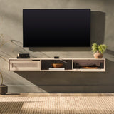 Hamkke Scandinavian Boho 58" Floating TV Stand with Rattan Doors - Stylish Coastal Oak Design & Storage