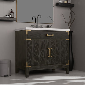 English Elm Black Oak Single Bath Vanity With Cultured Marble Top, Chrome Faucet, Soft-Close Doors & Storage B2731P260919