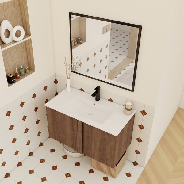 English Elm 36" Floating Bathroom Vanity Light Oak Modular Cabinet with Gel Coat Integrated Sink Brown Ebony,Glossy White W3450S00066
