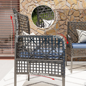 English Elm 4 Piece Outdoor Pe Rattan Wicker Conversation Set with Tempered Glass Coffee Table Blue W2071P296197