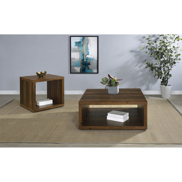 English Elm Flint Dark Pine Square End Table with Durable Melamine Finish, Modern Cubic Design for Living Spaces B062P299835