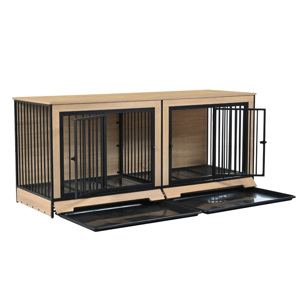 English Elm Dog Crate Furniture Double Compartment Mdf Wood Console for Two Large Breeds W420P348726