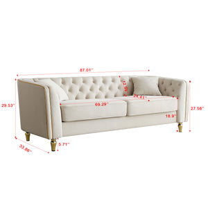 English Elm 87.01"W Modern Tufted Velvet Sofa with Gold Metal Legs, Stylish Accent Seating for Living Room Beige W579S00039
