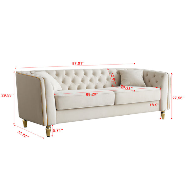 English Elm 87.01"W Modern Tufted Velvet Sofa with Gold Metal Legs, Stylish Accent Seating for Living Room Beige W579S00039