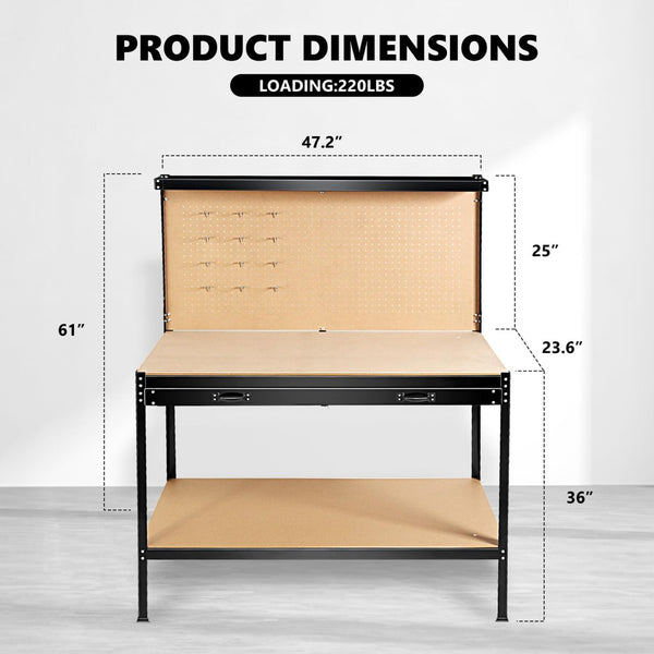 English Elm 63" Steel Workbench with Pegboard Mdf Surface Drawer for Garage Workshop Use W2079P185202