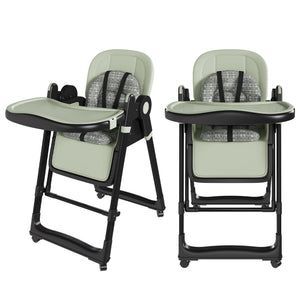English Elm Convertible Baby High Chair to Rocker with 5-Point Harness, Foldable Feeding Seat, Quiet Wheels, Easy-Clean Tray and Adjustable Recline for Infants and Toddlers Dark Green W2699P371975
