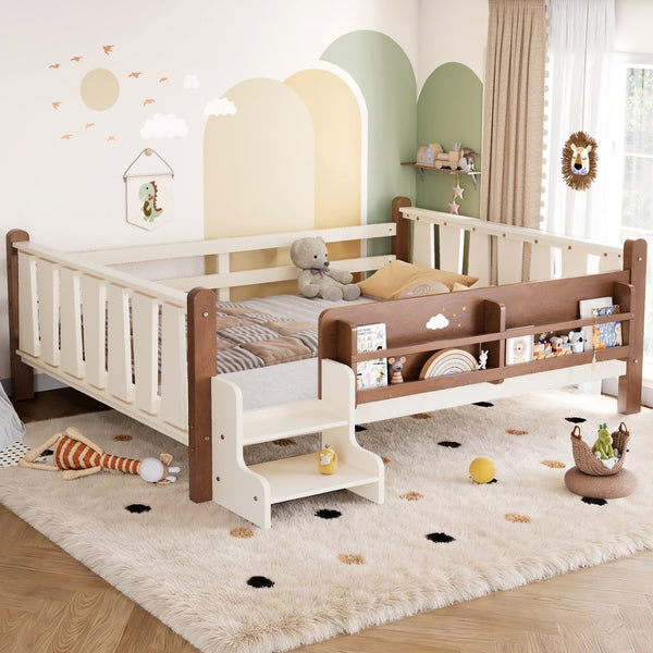 English Elm Twin Pine Floor Bed for Kids with Side Bookcases Built-in Stairs and Safety Guardrails Beige W1580P390220
