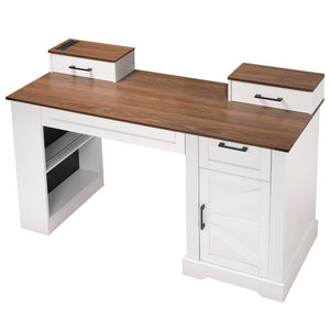 English Elm 55" Farmhouse Writing Desk with Cabinet Charging Station Pegboard and Monitor Stand White W2917S00008
