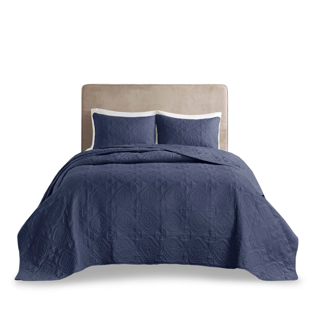 JLA Home 510 Design - 3 Reversible Bedspread Set Oversized Quilted Medallion Microfiber 3-Piece Hypoallergenic Washable Elegance Navy 5DS13-0291
