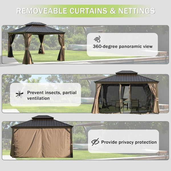 English Elm 13x13ft Hardtop Gazebo Galvanized Steel Vented Double Roof with Curtains Netting Patio Brown W1859S00200