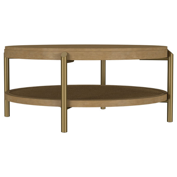 English Elm Benson Round Coffee and End Table Set with Brass Legs Rattan Shelf Accent Sand B062S01402