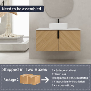 English Elm 36" Modern Wall-Mounted Bathroom Vanity With Ceramic Vessel Sink & Soft-Close Doors For Stylish Space W999S00448