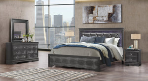 English Elm SHAKER Metallic Grey Full Bed with LED Lighting, Crystal-Tufted Padded Headboard, Solid Wood MDF Frame B201S00338