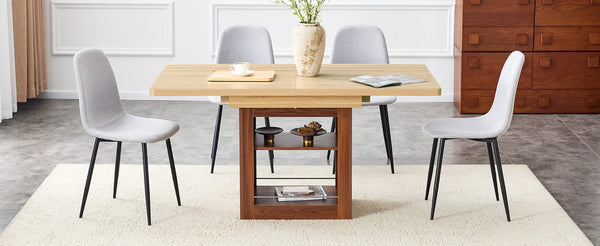 English Elm Scalable Extension Dining Set Linen Upholstered Chairs Wood Grain Table Modern Luxe W1151S04675