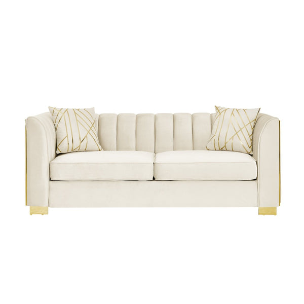 English Elm 81" Tufted Velvet Chesterfield Sofa with Gold Steel Legs for Elegant Living Rooms Beige W1191S00062