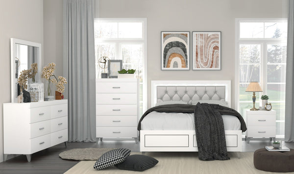 English Elm Contemporary Queen Platform Bed with Gray PU Tufted LED Headboard and Chrome Legs for Modern Bedrooms White 82 L x 29 W x 10 H B2741P405687