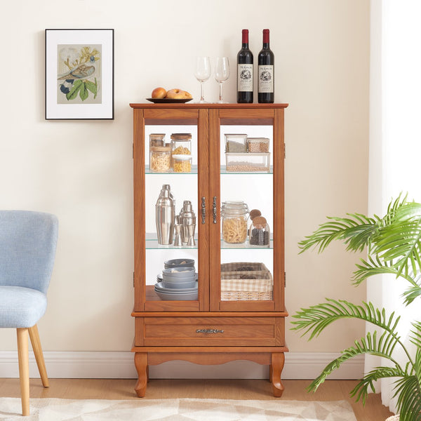 English Elm Lighted Curio Cabinet With Adjustable Shelves, Illuminated Display, 2 Doors & Drawer, Oak Finish W2275P178824