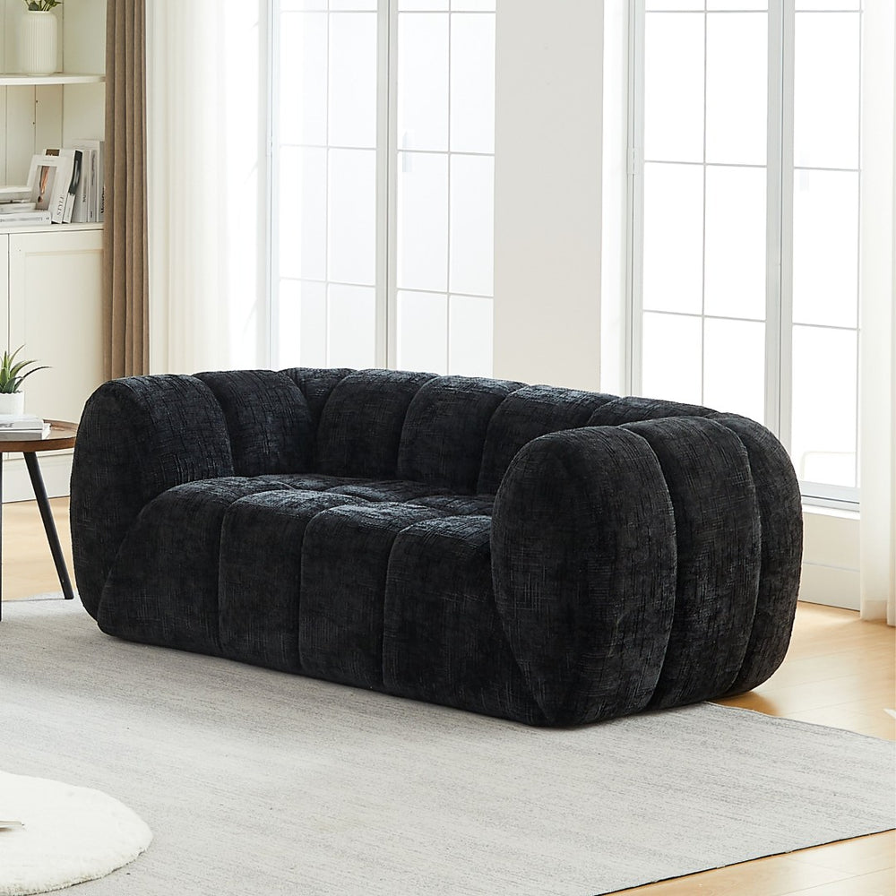 English Elm Chenille Cloud Sofa with Quilted Checkered Cushions and Piano Key Backrest Design W834P442227