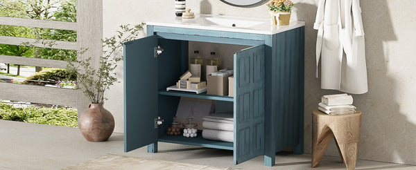 English Elm 36" Bathroom Vanity Organizer with Ceramic Sink, Solid Wood Distressed Finish, Hand-Painted Charm and Ample Storage Retro Blue N729P255666C
