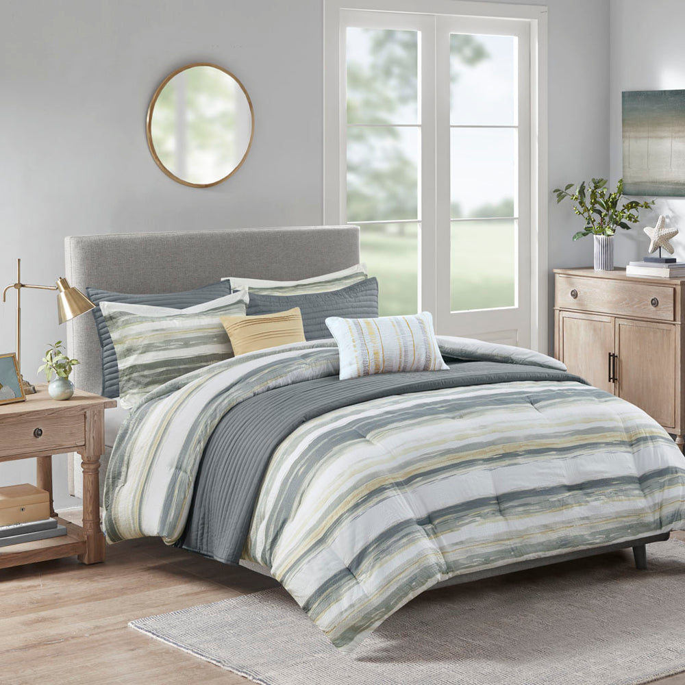 JLA Home Madison Park - 8 Seersucker Comforter and Quilt Collection with Yellow Gray Watercolor Stripes, Embroidered Pillows 90 L x 90 W x 1.5H MP10-7942