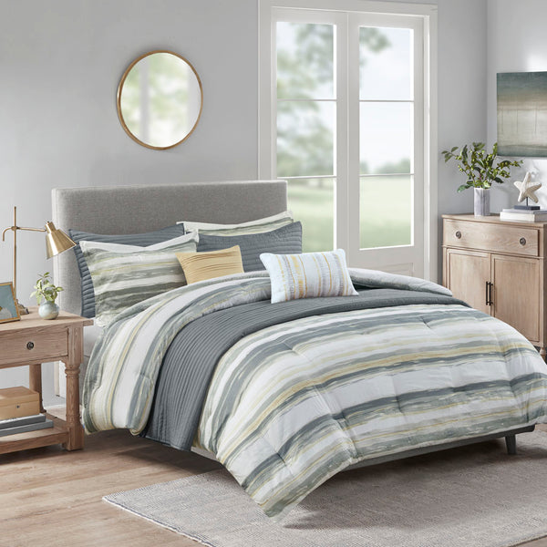 JLA Home Madison Park - 8 Seersucker Comforter and Quilt Collection with Yellow Gray Watercolor Stripes, Embroidered Pillows 90 L x 90 W x 1.5H MP10-7942
