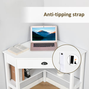 English Elm HOMCOM Triangle Corner Desk with Drawer & Shelves, Compact Space-Saving Home Office Workstation W2225P217262